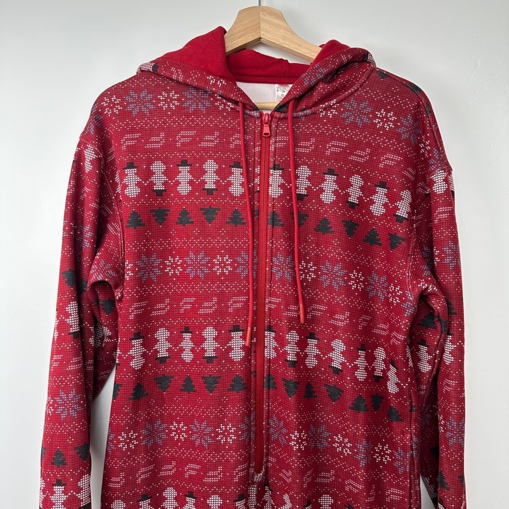 Fabletics Hooded One Piece Size Medium Red Fair Isle Snowman Christmas Jumpsuit